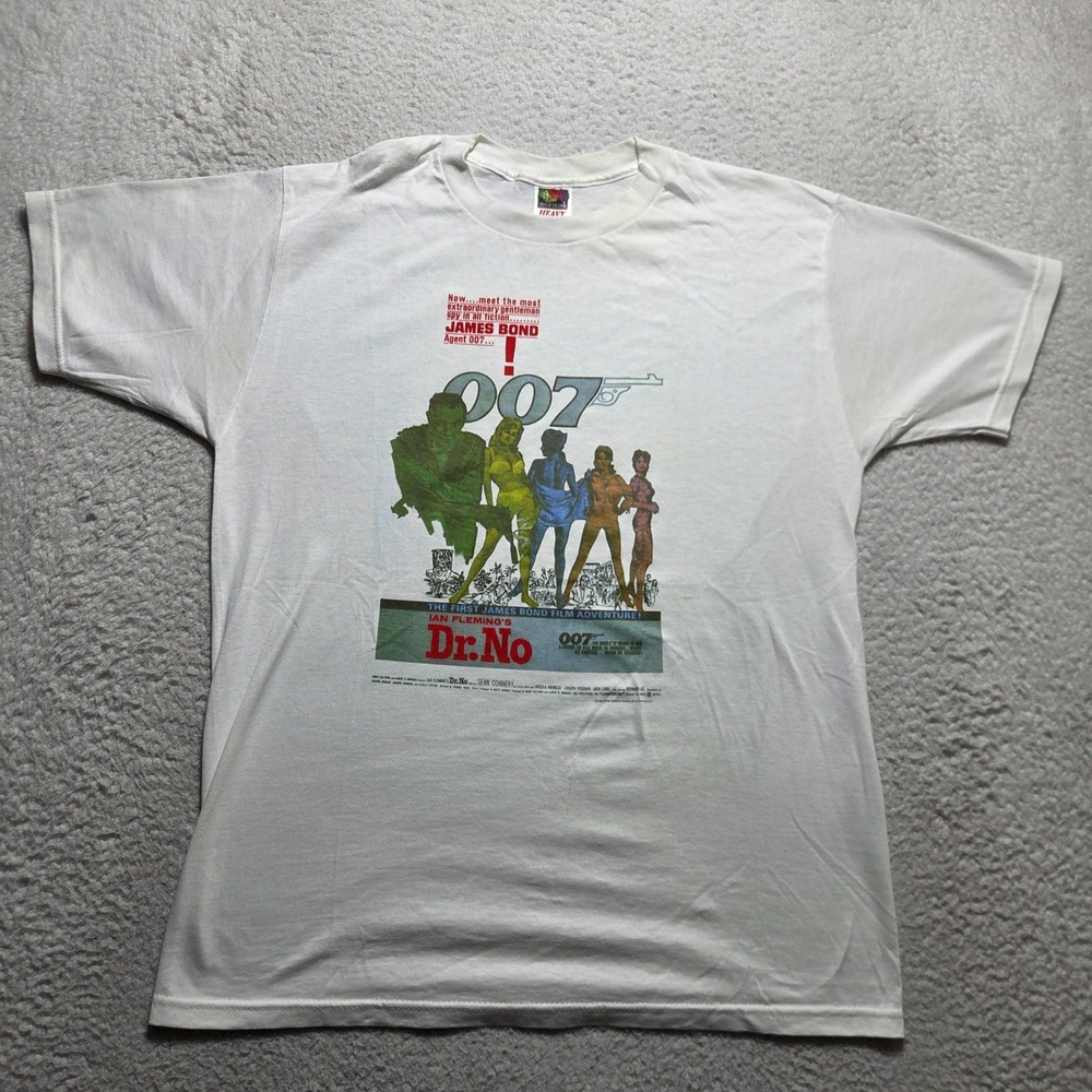 Vintage 90s Fruit of the Loom T Shirt Mens Large White Dr No 007 Movie Promo Tee